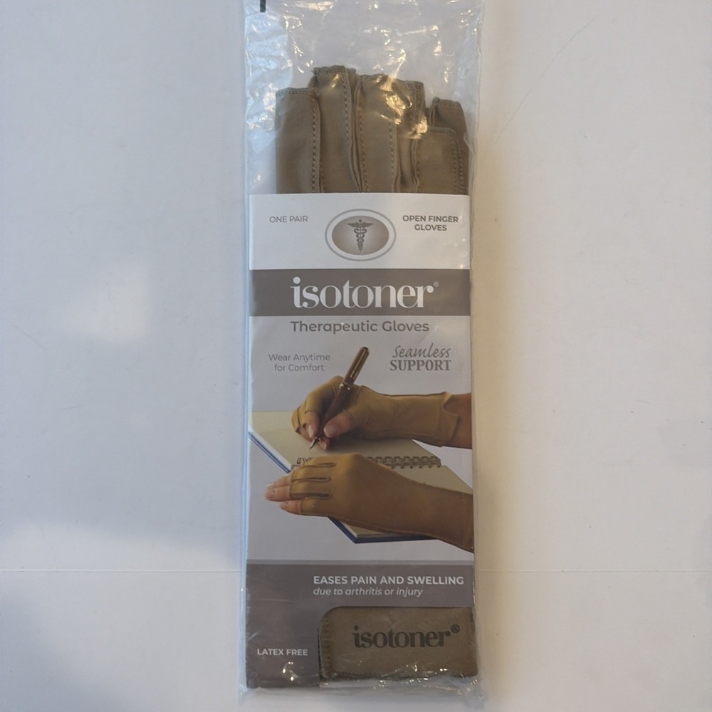 Isotoner Therapeutic Gloves Open Finger Camel Size Large Compression Pain Relief - Picture 7 of 7